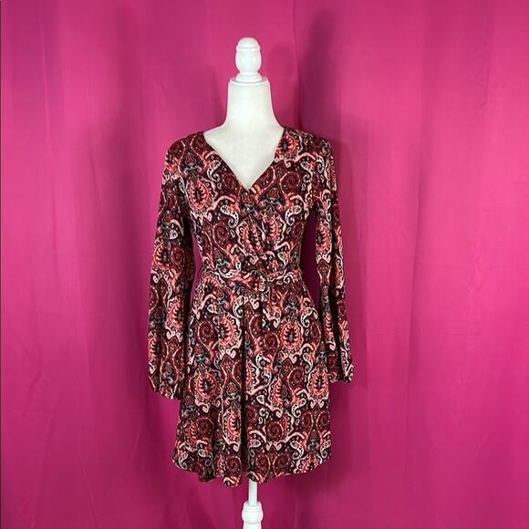 Maeve Anthro metallic patterned wrap bust belted fit and flare dress, L P - Picture 2 of 10